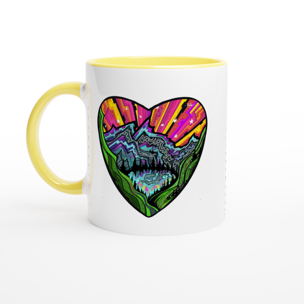 Mountain heart mornings / White 11oz Ceramic Mug with Color Inside